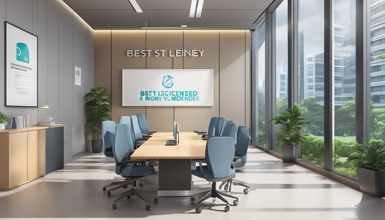 A modern office in One-North, Singapore, with a sleek sign reading "Best Licensed Money Lender" on the door. The interior is clean and professional, with a desk, chairs, and a computer