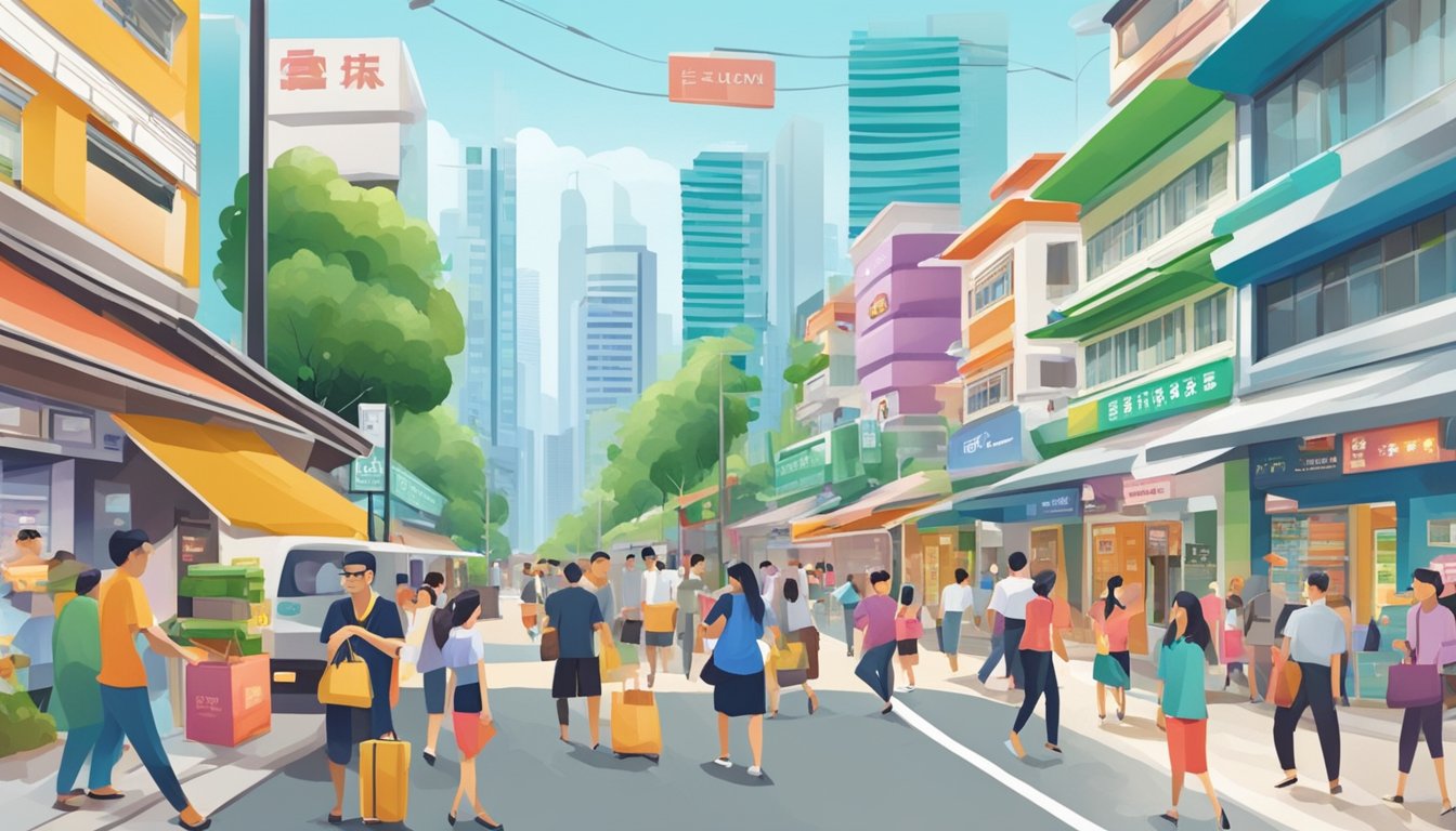 A bustling street in Kovan, Singapore, with a prominent sign for the Best Licensed Money Lender. Bright, colorful storefronts line the busy road, and people can be seen going in and out of the lender's office