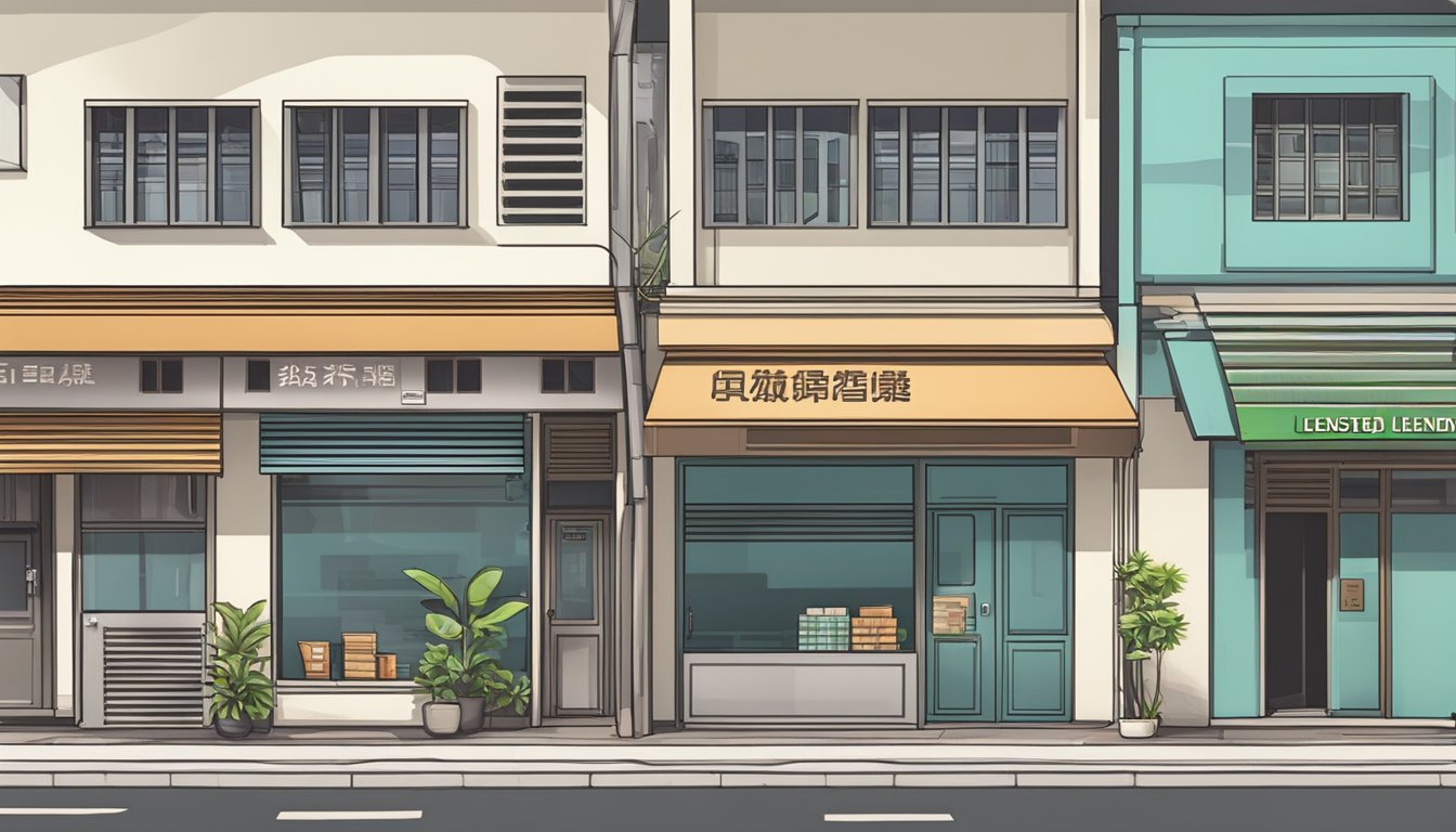 A storefront sign reads "Reputable Licensed Money Lender" in Kovan, Singapore. The building is clean and professional, with a visible license displayed