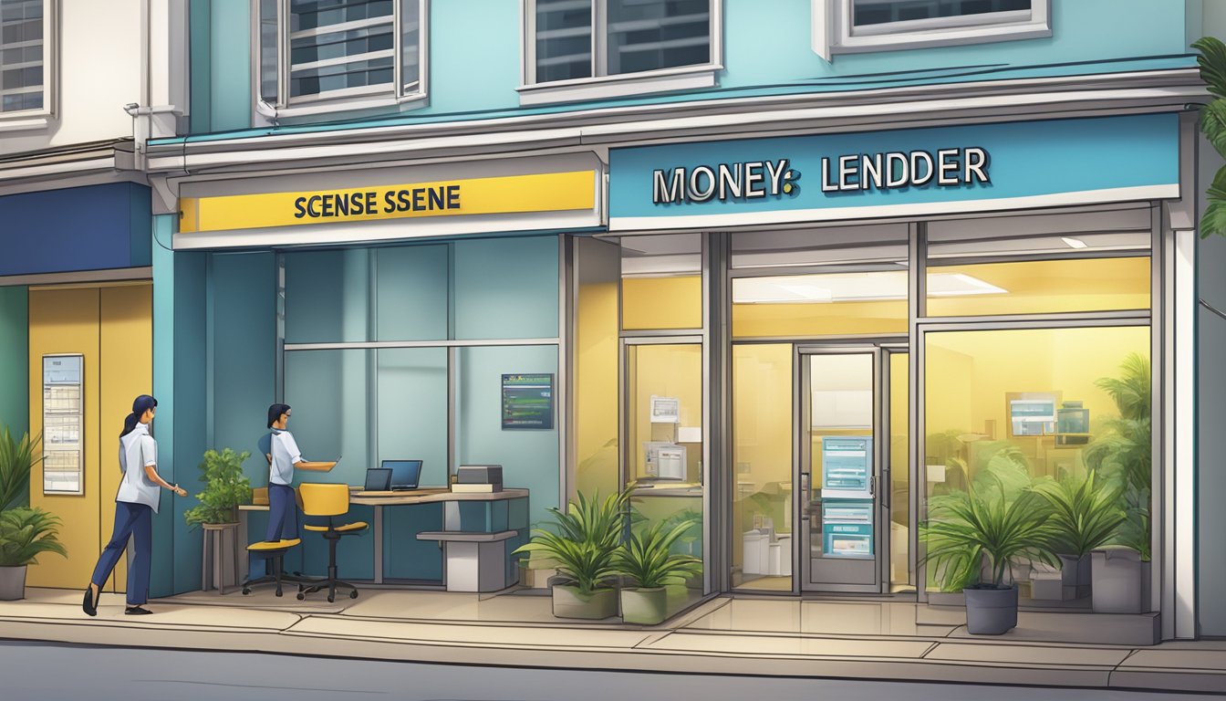 The scene depicts a licensed money lender's office in Kovan, Singapore. It should show clear signage, a professional and welcoming atmosphere, and a secure transaction area