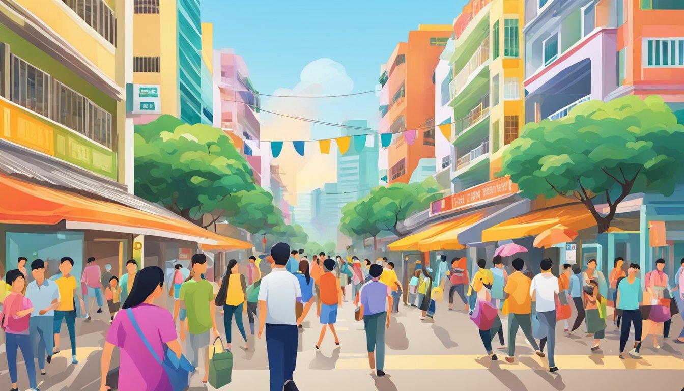 A bustling street in Hougang, Singapore, with a prominent sign reading "Best Licensed Money Lender." Bright colors and busy foot traffic