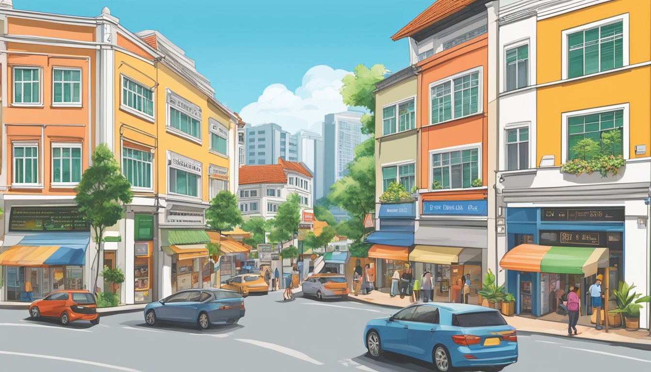 A bustling street in Holland Village, Singapore. A prominent sign reads "Best Licensed Money Lender." Bright, modern storefronts line the busy road