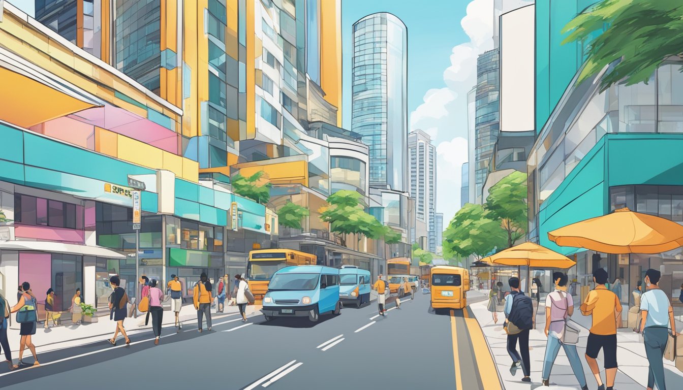 A bustling street in One-North, Singapore, with a prominent sign reading "Best Licensed Money Lender." Bright and modern buildings line the street, with people walking and cars passing by