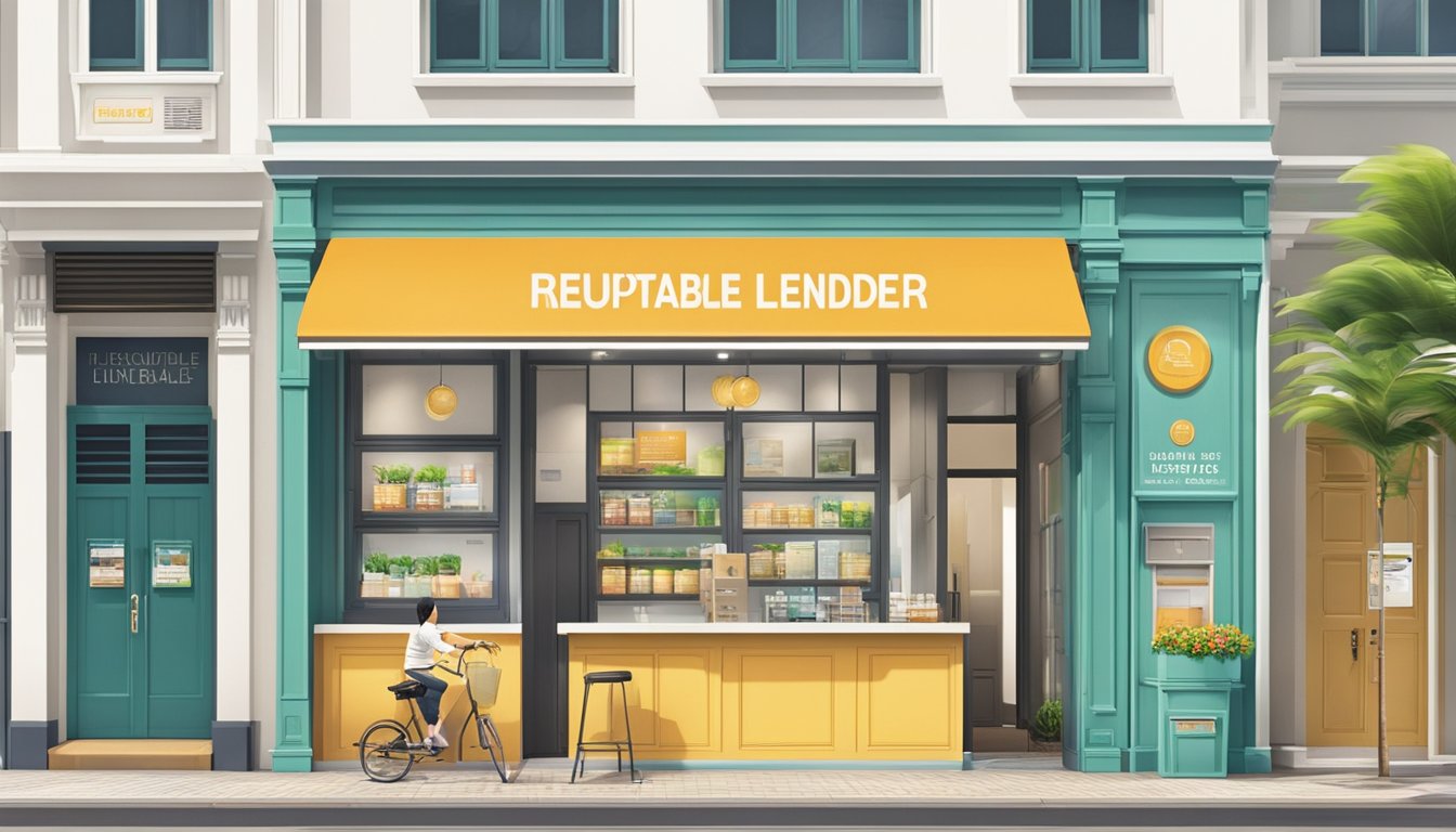 A bright, modern storefront with a prominent sign reading "Reputable Licensed Money Lender" in Holland Village, Singapore. The exterior is clean and inviting, with a professional atmosphere