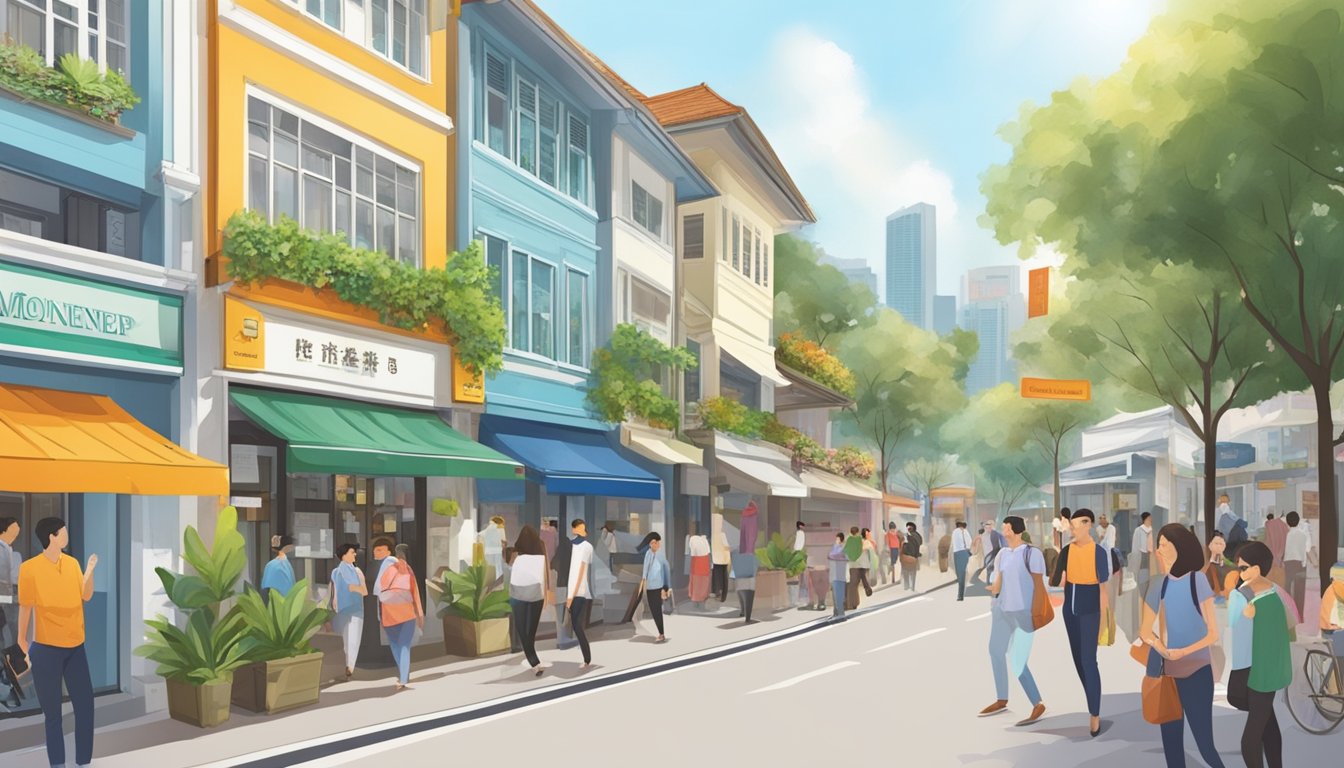 A bustling street in Holland Village, Singapore, with prominent licensed money lender signage and diverse clientele entering and exiting the establishment
