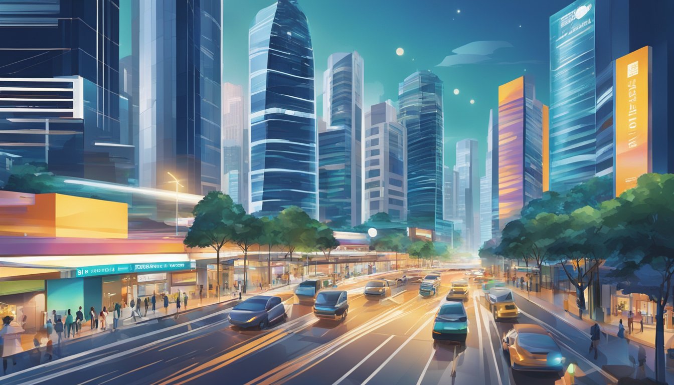 A bustling cityscape in One-North, Singapore, with prominent signage for licensed money lenders. Bright lights and modern architecture convey a sense of financial activity and opportunity