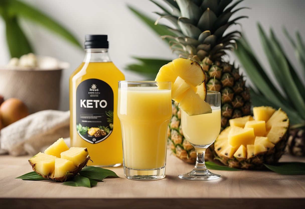 A glass of pineapple juice next to a keto-friendly label and low-carb fruits