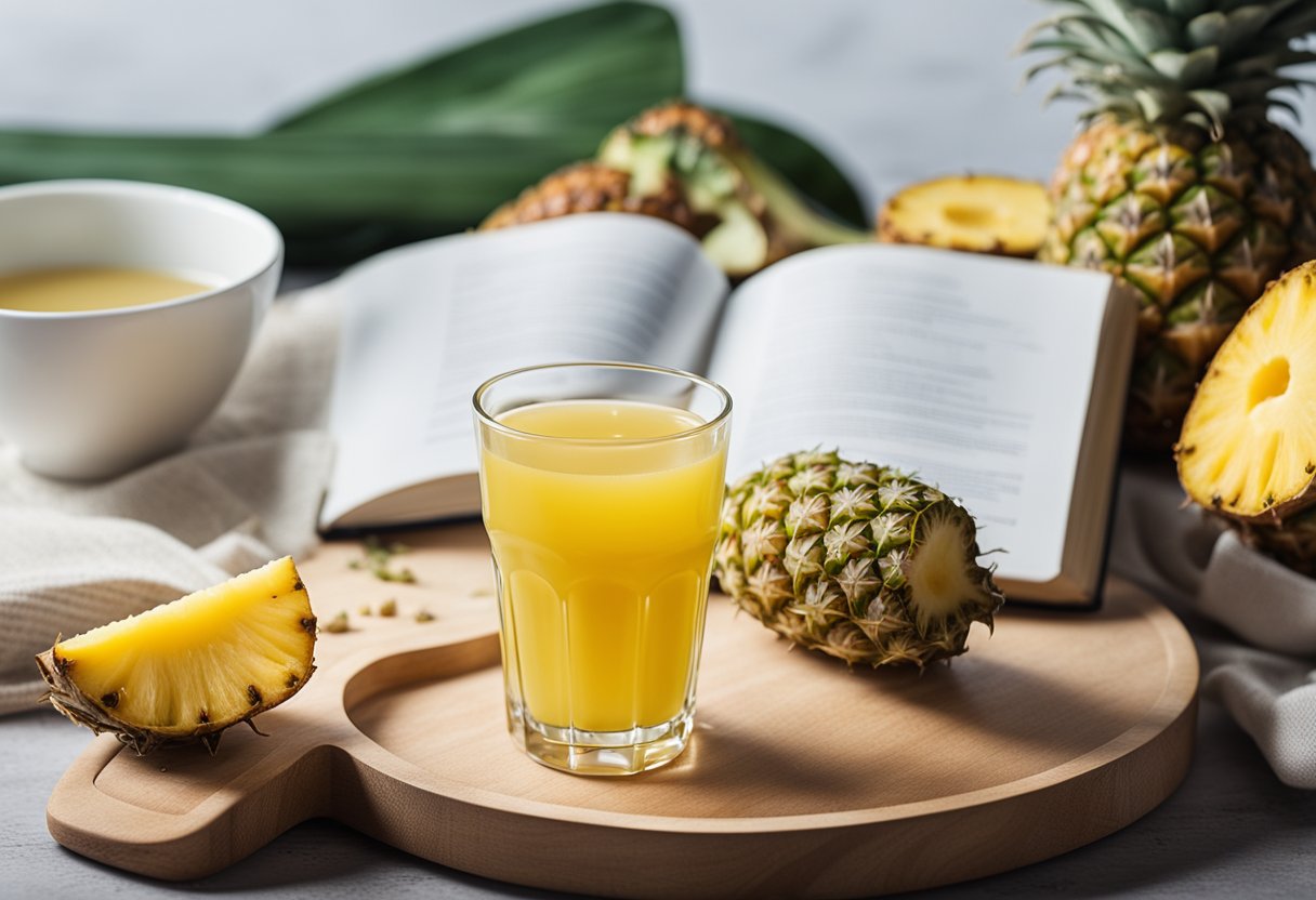 A glass of pineapple juice next to a keto diet book and a list of keto-friendly foods