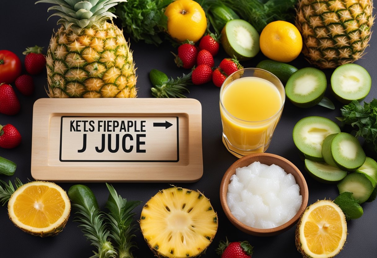 A glass of pineapple juice with a keto-friendly label, surrounded by low-carb fruits and vegetables