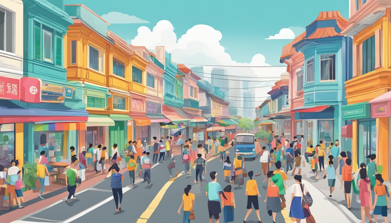 A bustling street in Hougang, Singapore, with a prominent sign for the Best Licensed Money Lender. Brightly colored storefronts line the busy road, with people coming and going