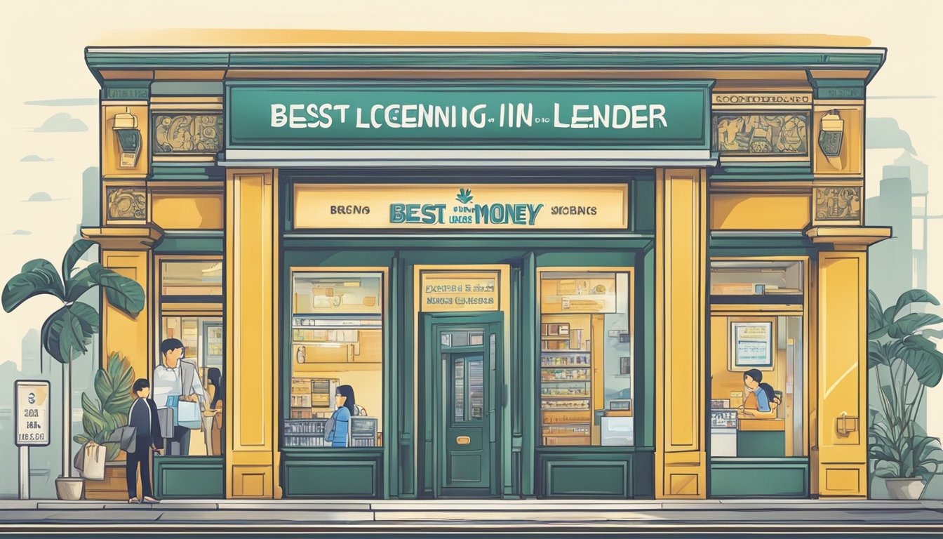 A storefront sign reads "Best Licensed Money Lender in Hougang Singapore." Customers enter confidently