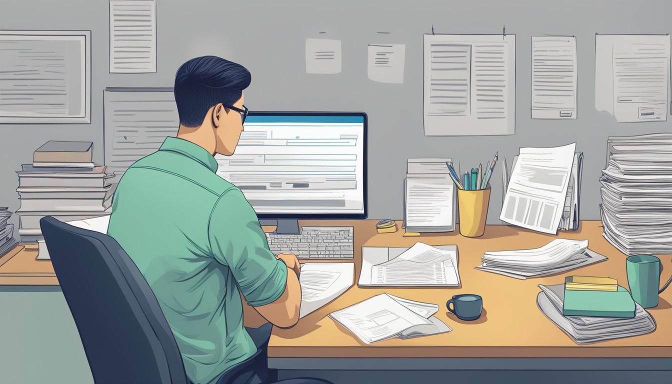 A person sitting at a desk, surrounded by paperwork and a computer, carefully reading through a loan agreement. A sign on the wall indicates the office is a licensed money lender in Hougang, Singapore