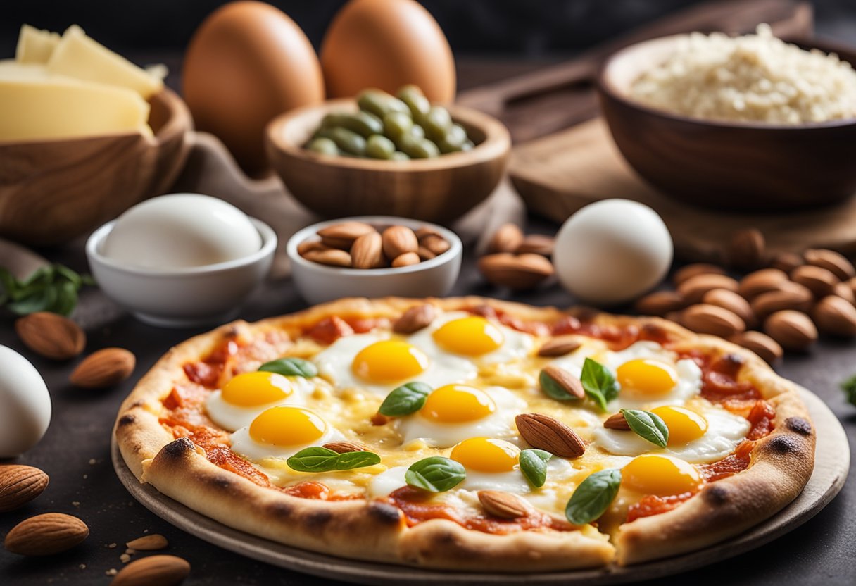 Melted cheese, almond flour, and eggs on a pizza crust. Text reads "Alternative Ingredients for Keto Pizza."