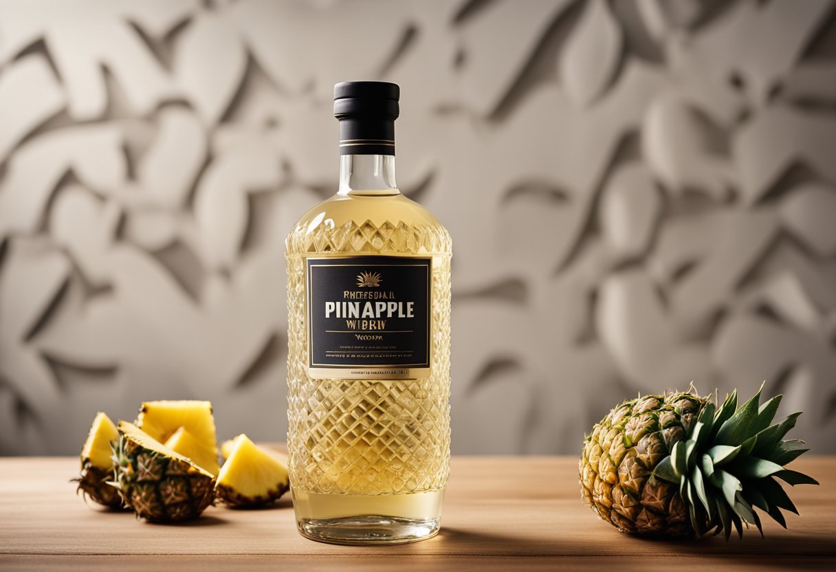 A bottle of pineapple vodka stands next to a pile of fresh pineapples and a keto-friendly label