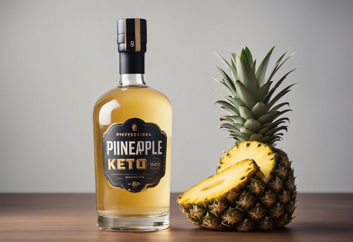 A bottle of pineapple vodka sits next to a keto-friendly label