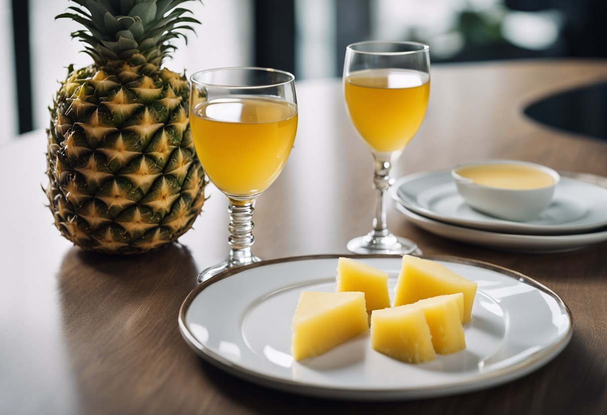 A glass of pineapple vodka sits next to a plate of carbohydrate-rich foods