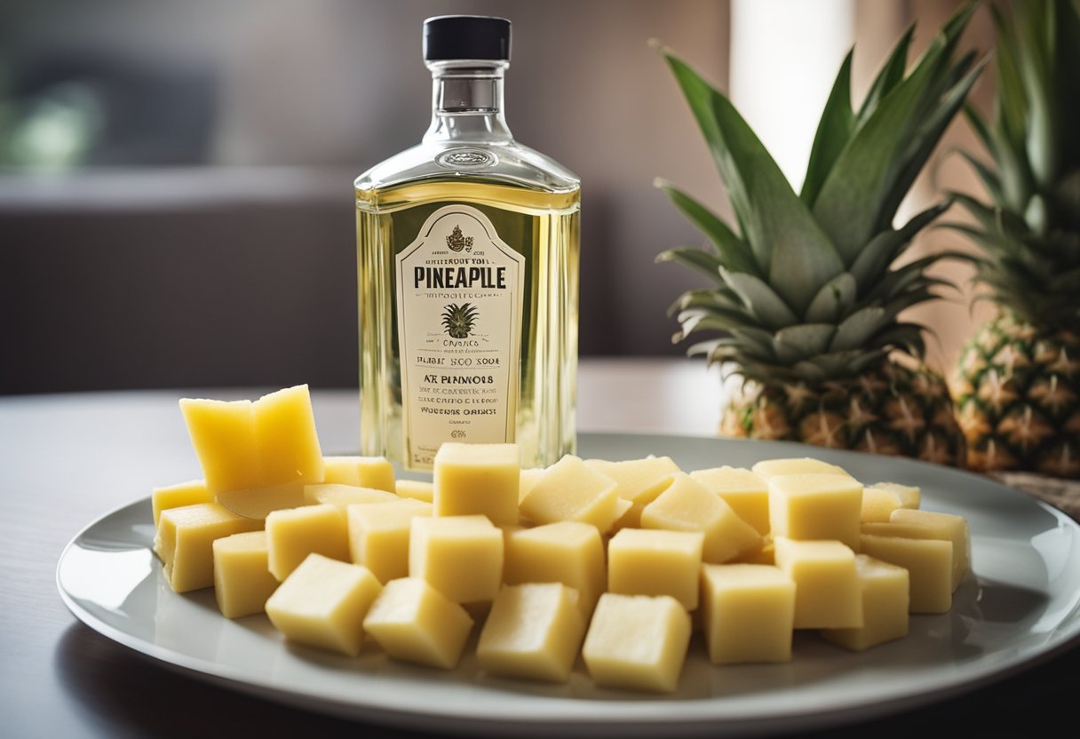 A bottle of pineapple vodka sits next to a plate of keto-friendly snacks