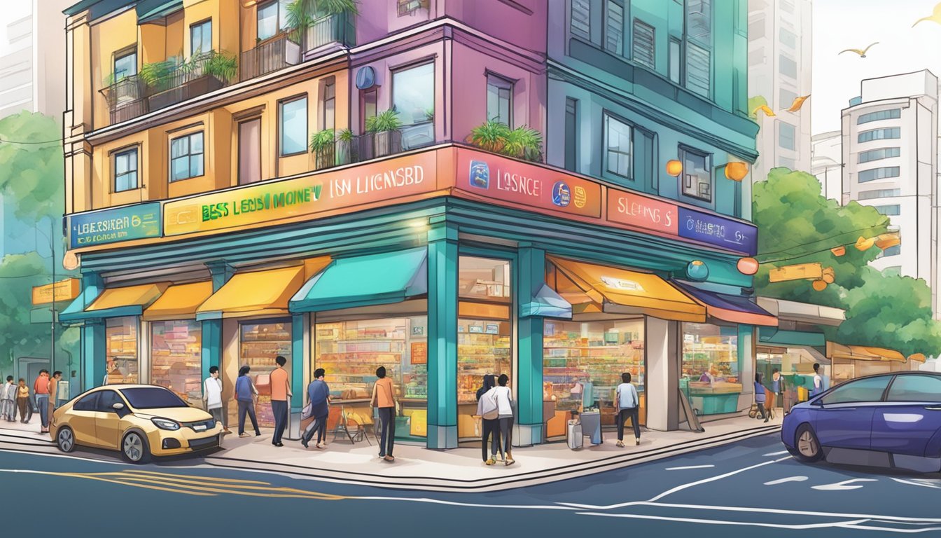 A vibrant storefront with a prominent sign reading "Best Licensed Money Lender in Sengkang Singapore" surrounded by bustling activity and colorful surroundings