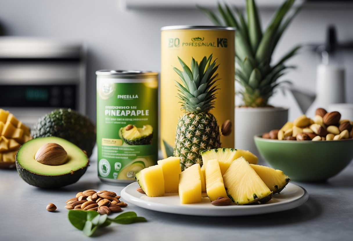 A can of pineapple surrounded by low-carb, keto-friendly ingredients like nuts, seeds, and avocados on a kitchen counter