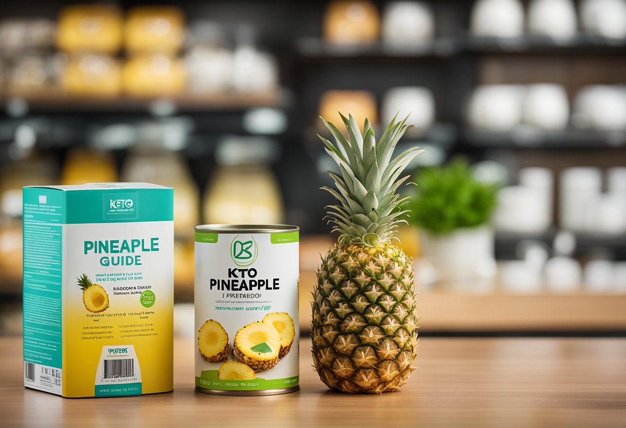 A can of pineapple sits next to a keto diet guide. The label reads "Keto Friendly." The scene is bright and inviting