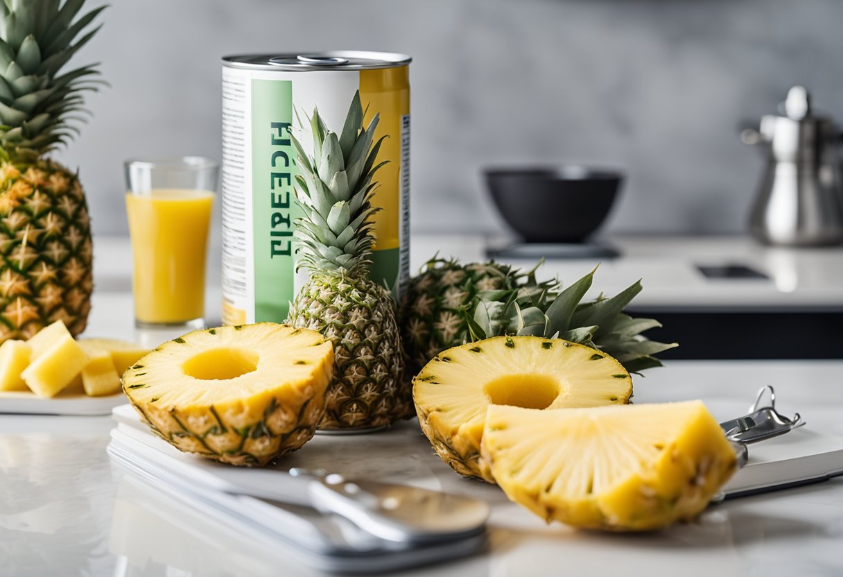 A can of pineapple sits on a white countertop, surrounded by a measuring tape, a keto-friendly food list, and a keto recipe book