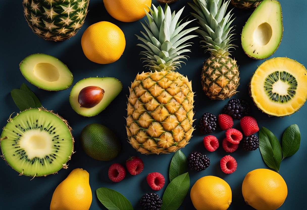 A variety of keto-friendly fruits surround a can of pineapple, including berries, avocados, and citrus fruits. The pineapple can is labeled with a prominent "Keto Friendly" stamp