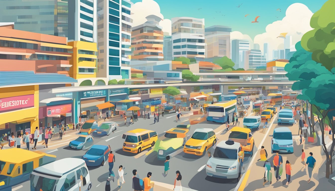 A bustling street in Sengkang, Singapore, with a prominent sign reading "Best Licensed Money Lender." Bright colors and busy foot traffic convey a sense of reliability and accessibility