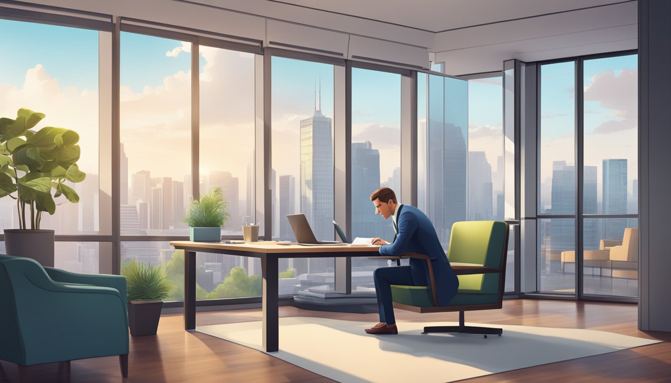 A well-dressed individual carefully reviews loan documents in a sleek office, surrounded by modern furniture and a city skyline visible through the window