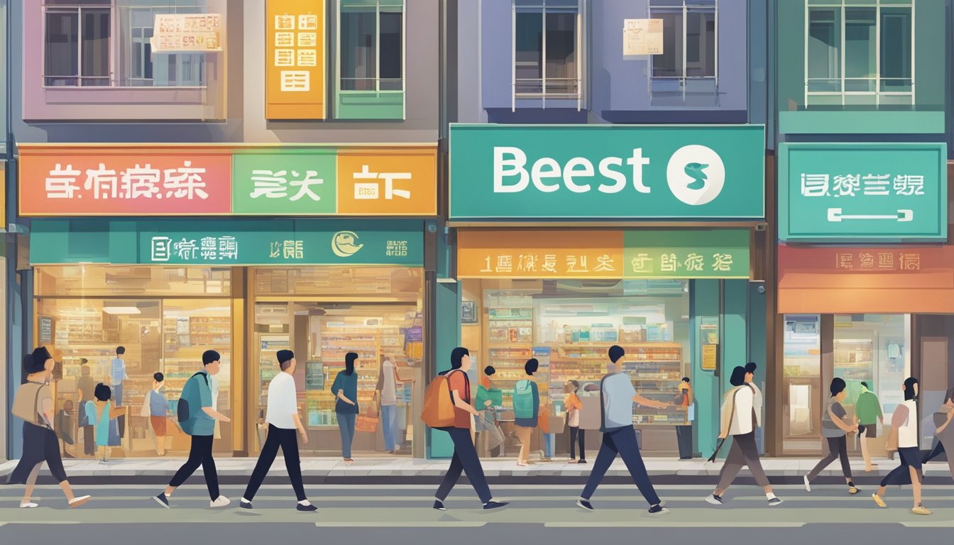 A bustling street in Sengkang, Singapore, with a prominent storefront labeled "Best Licensed Money Lender." Pedestrians walk by, and a colorful sign catches the eye