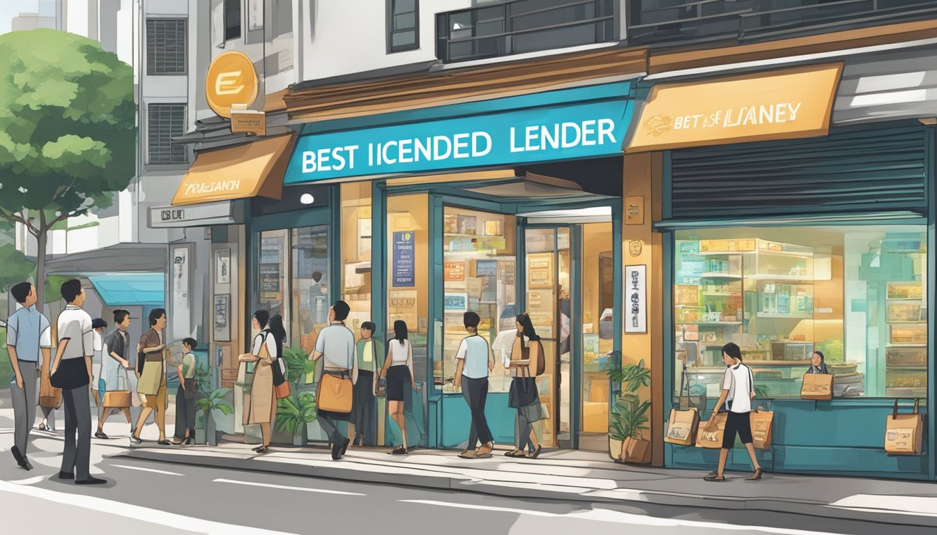 A bustling street corner in Buangkok, Singapore, with a prominent sign reading "Best Licensed Money Lender." Pedestrians pass by, and the storefront exudes professionalism and trustworthiness