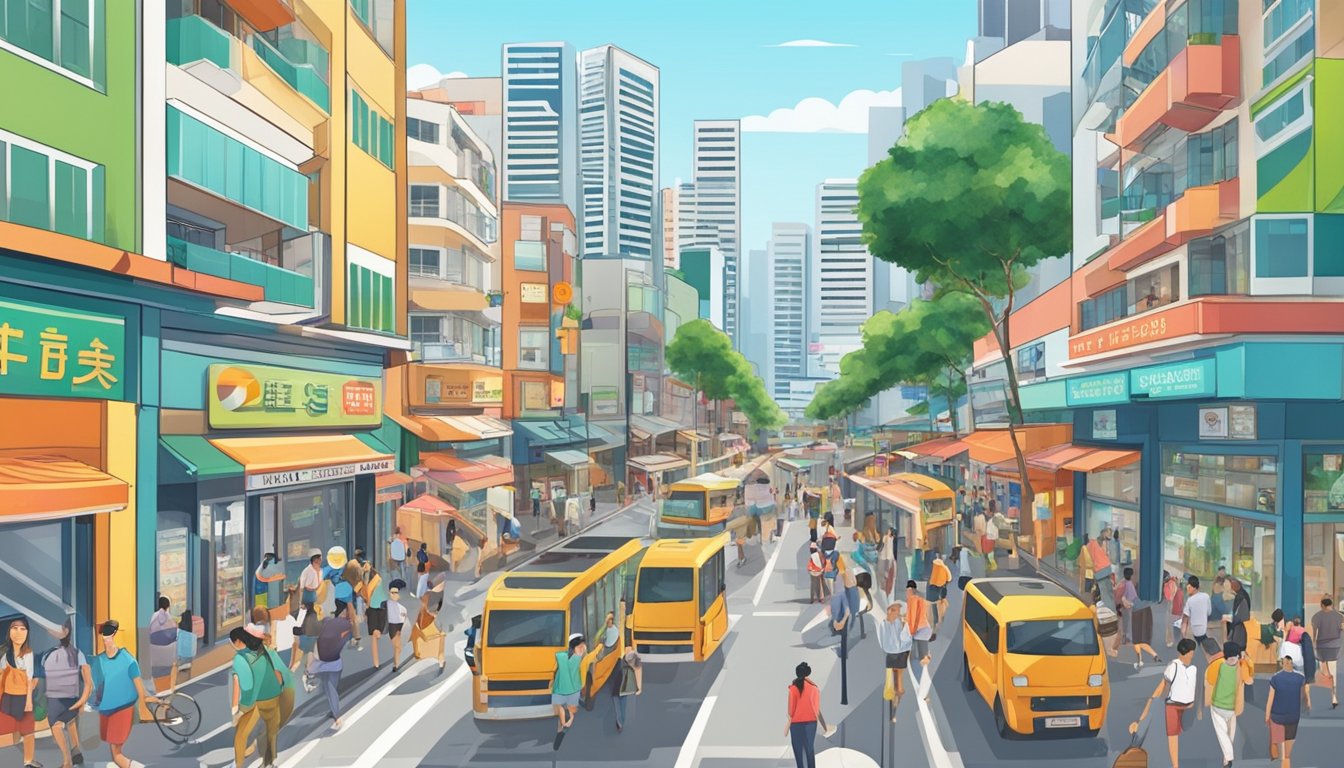 A bustling street in Buangkok, Singapore, with a prominent sign for the best licensed money lender. The surrounding area is filled with shops and people going about their daily activities