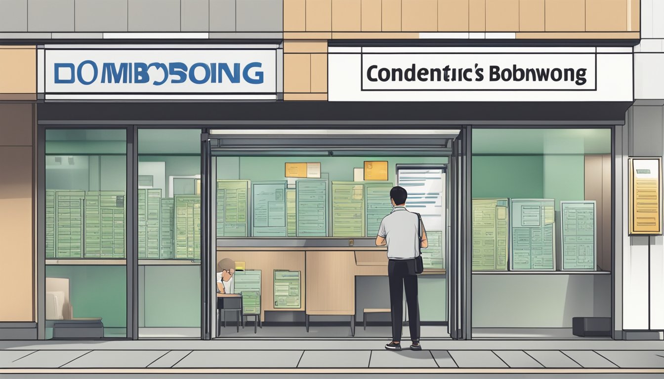 A person standing outside a licensed money lender's office in Buangkok, Singapore, reading a sign with important borrowing considerations