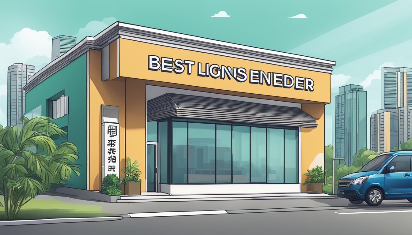 A storefront sign reading "Best Licensed Money Lender Near Punggol Singapore" with a modern building in the background
