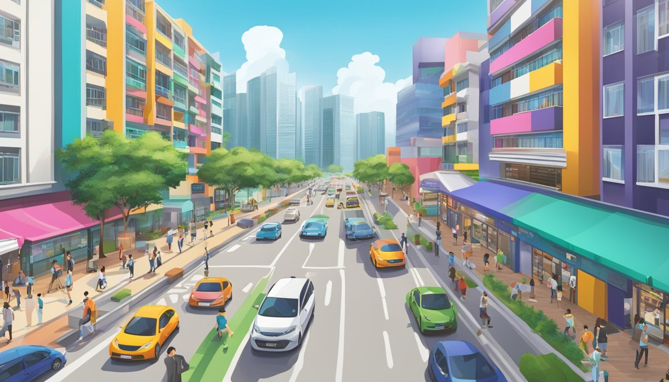 A bustling street near Punggol with a prominent sign for a licensed money lender. Brightly colored buildings and a steady flow of foot traffic