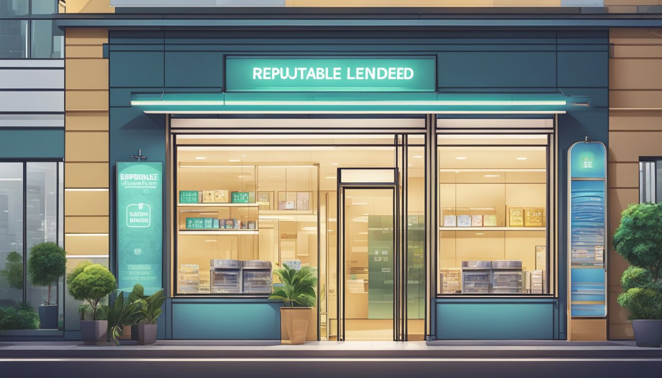 A bright, clean storefront with a sign reading "Reputable Licensed Money Lender" in Punggol, Singapore. The building is well-maintained with a professional atmosphere