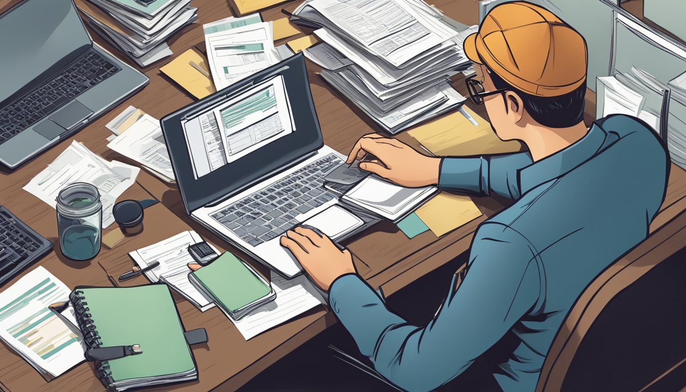 A person sitting at a desk, surrounded by paperwork and financial documents, with a calculator and laptop open, looking contemplative and focused