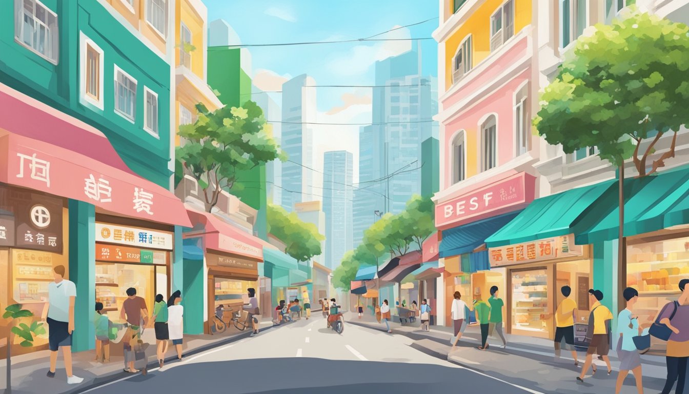 A bustling street in Telok Blangah, Singapore, with a prominent sign reading "Best Licensed Money Lender." Colorful storefronts line the road, and people go about their daily activities