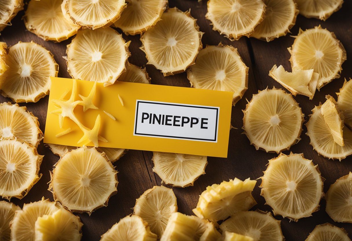 A pile of dried pineapple slices next to a keto-friendly label