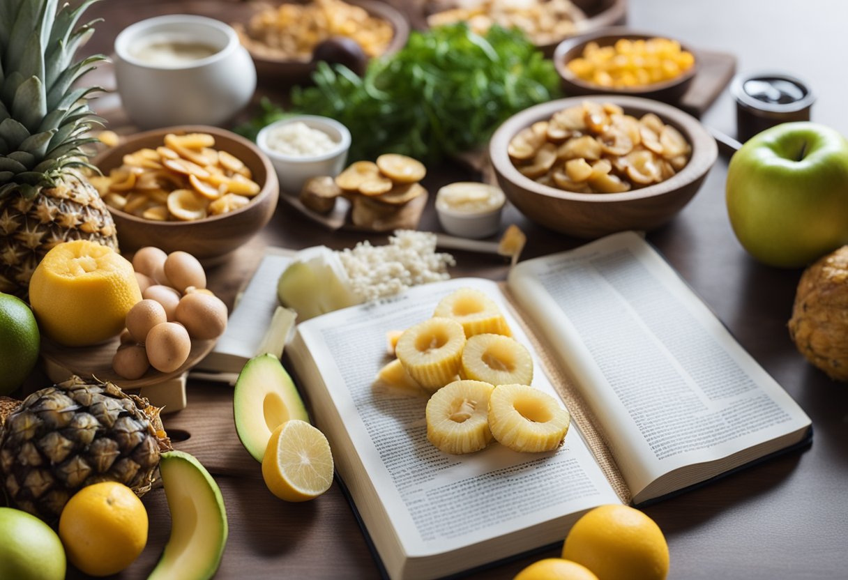 A table with a variety of keto-friendly foods, including dried pineapple, surrounded by informational books and articles on the keto diet