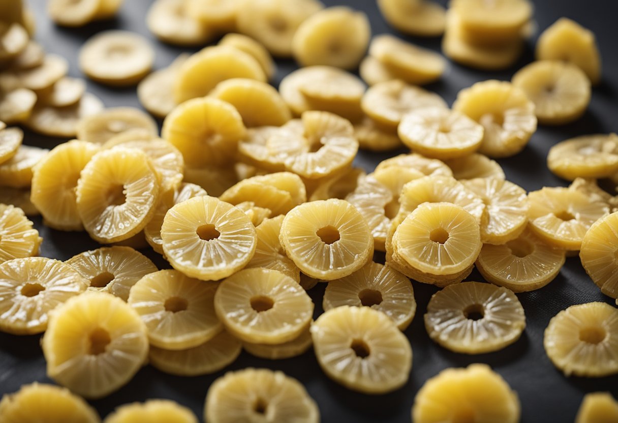 A pile of dried pineapple slices with a nutritional label and a keto-friendly symbol