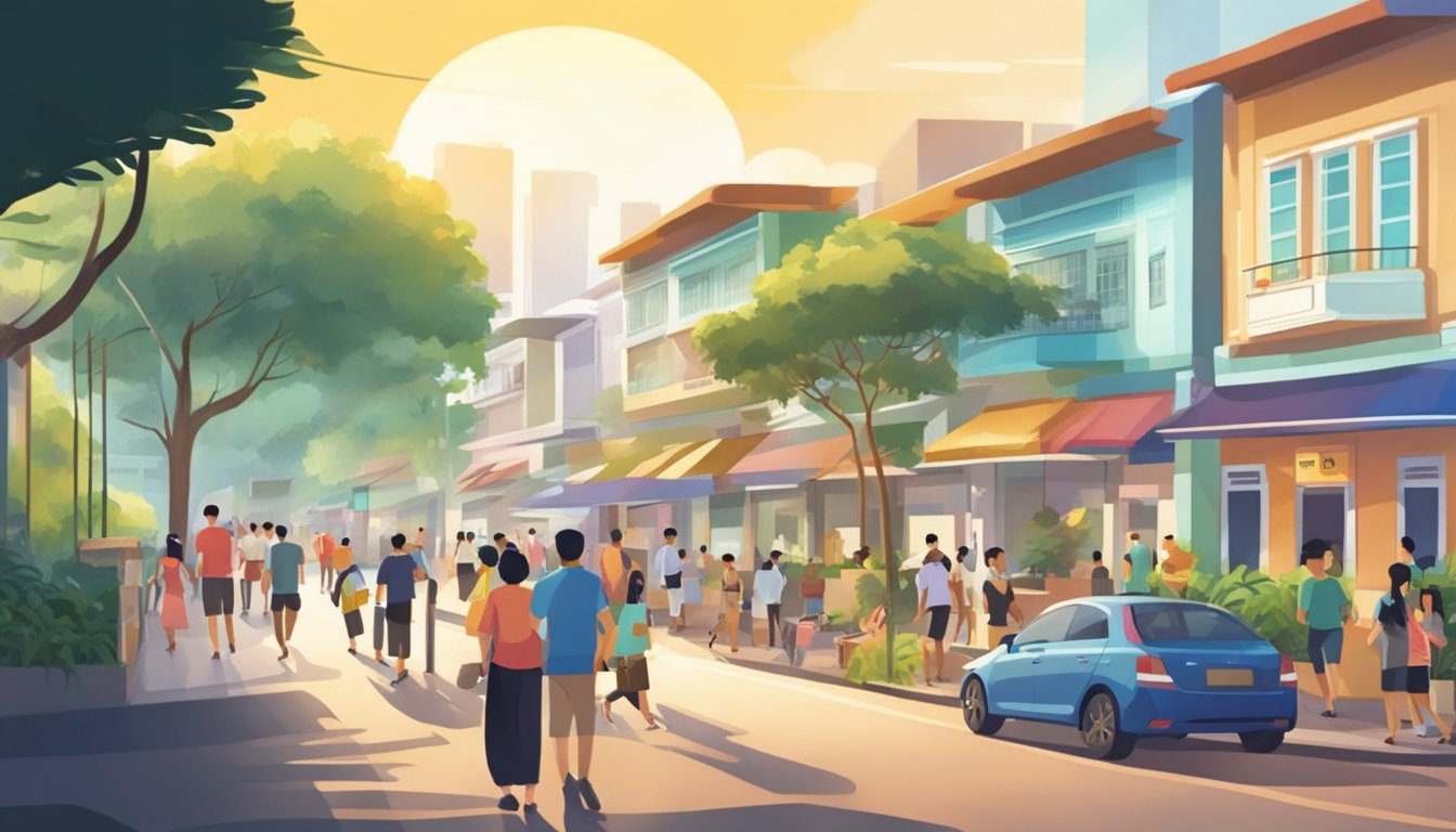A bustling street near Pasir Panjang Villa with a prominent sign for the best licensed money lender in Singapore. The sun shines down on the busy area as people come and go, with the villa in the background