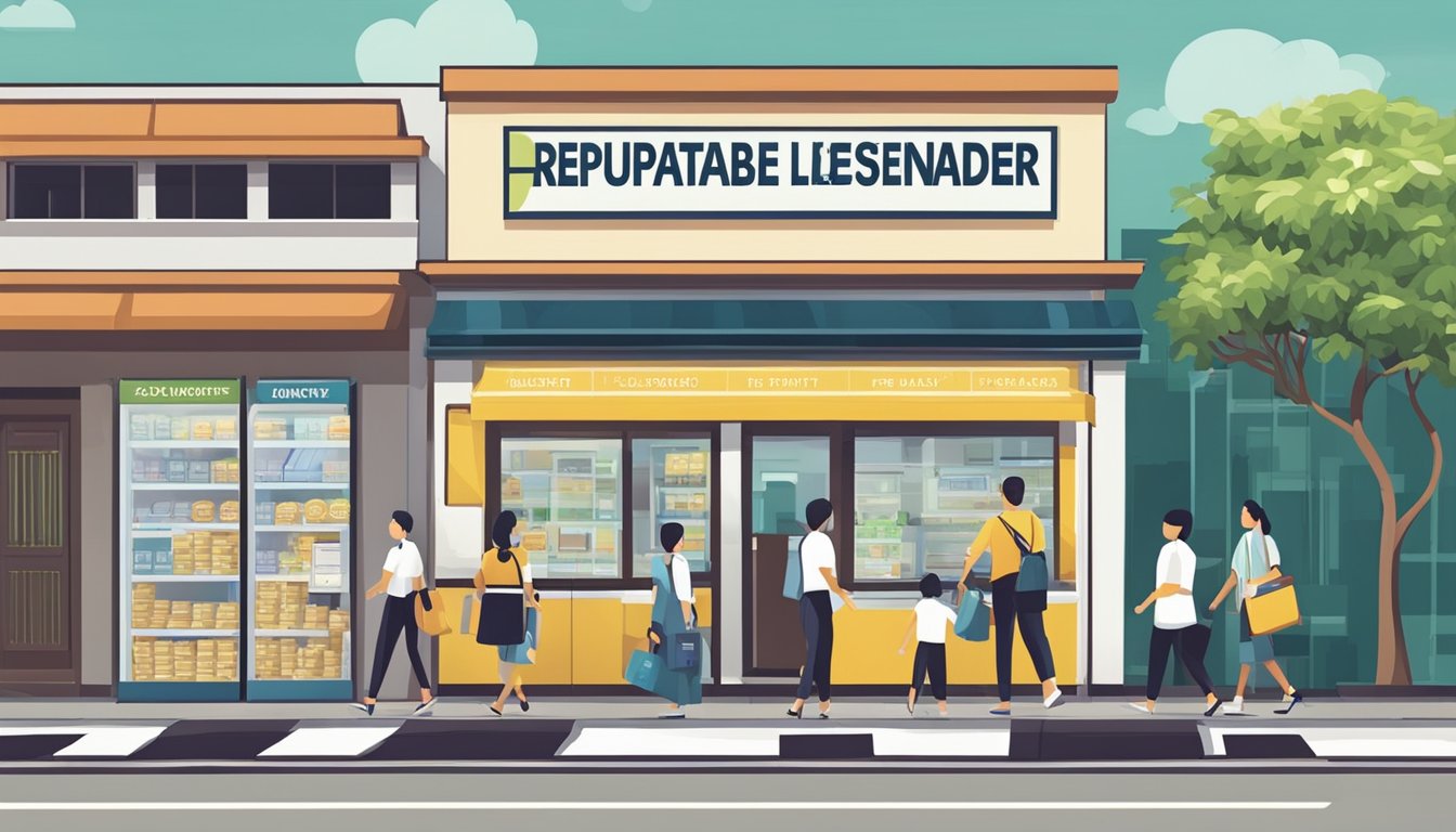 A storefront sign reads "Reputable Licensed Money Lender" in a bustling area near Pasir Panjang, Singapore. Customers enter and exit, indicating trust and reliability