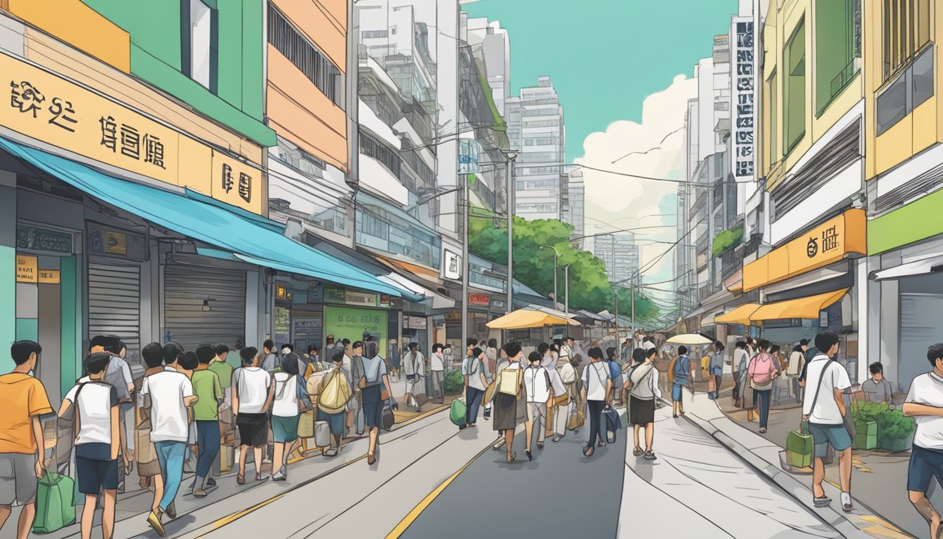 A bustling street in Bras Basah, Singapore, with a prominent storefront labeled "Best Licensed Money Lender." Pedestrians and vehicles fill the busy thoroughfare