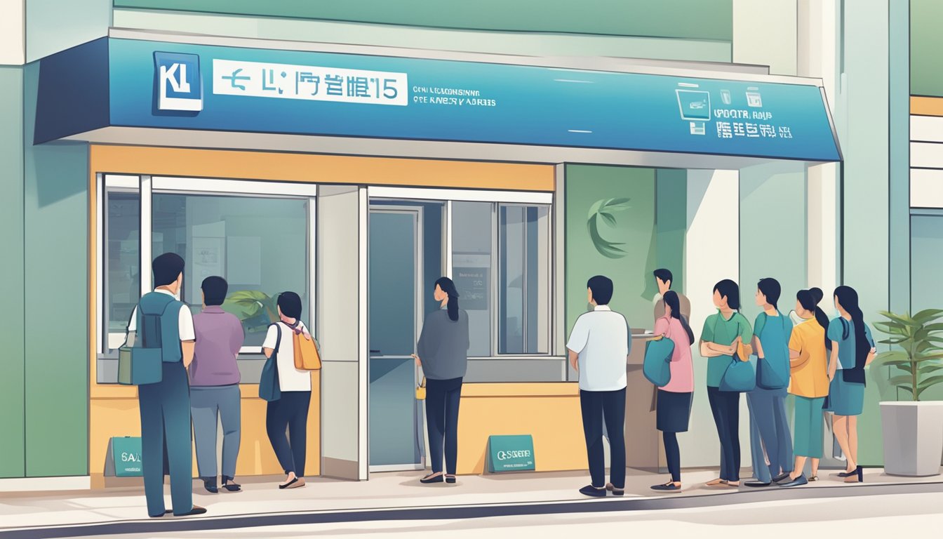 A person inquiring at a licensed money lender's office near Pasir Panjang, Singapore. The lender's signage prominently displayed and a queue of customers waiting