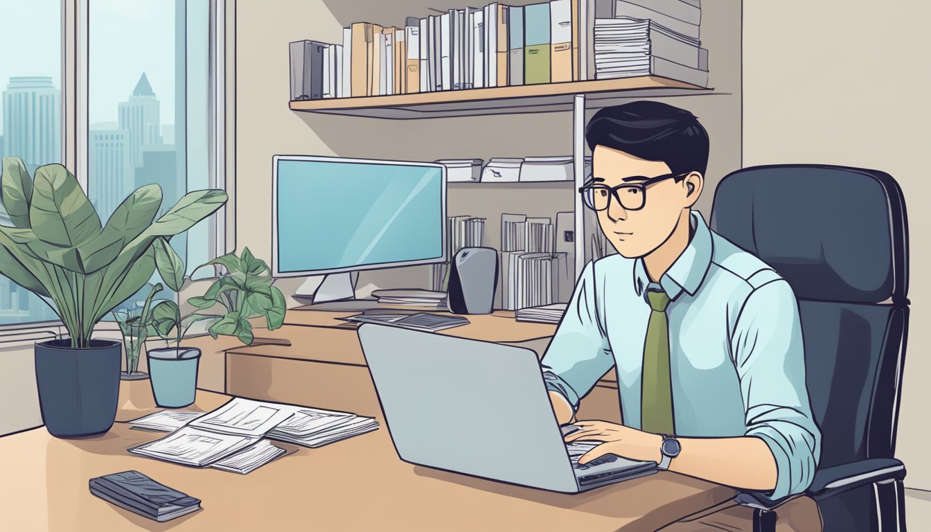A person sits at a desk with a laptop, surrounded by financial documents. A sign on the wall reads "Best Licensed Money Lender Near Labrador Park Singapore." The person looks thoughtful, considering their options