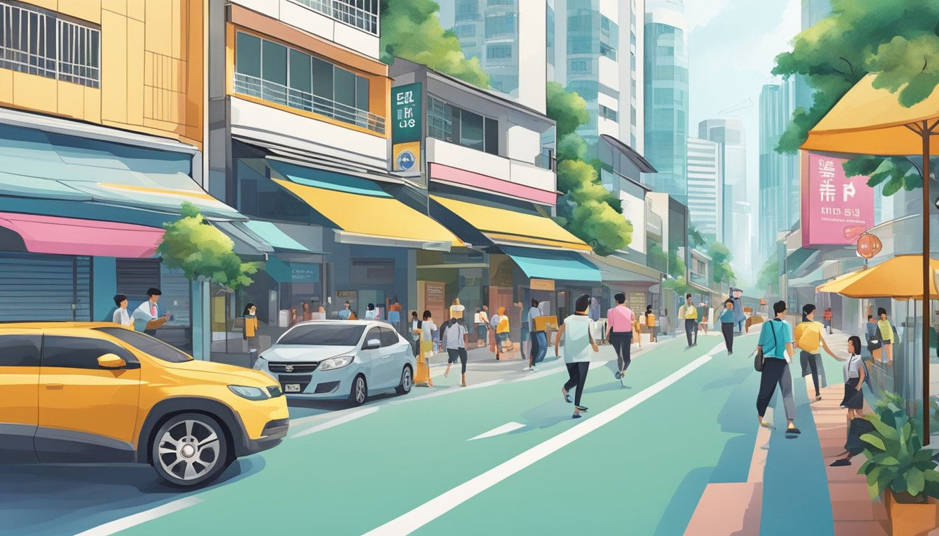 A bustling street in Telok Blangah, with a prominent sign for the best licensed money lender. Bright, modern buildings line the road, and people go about their business