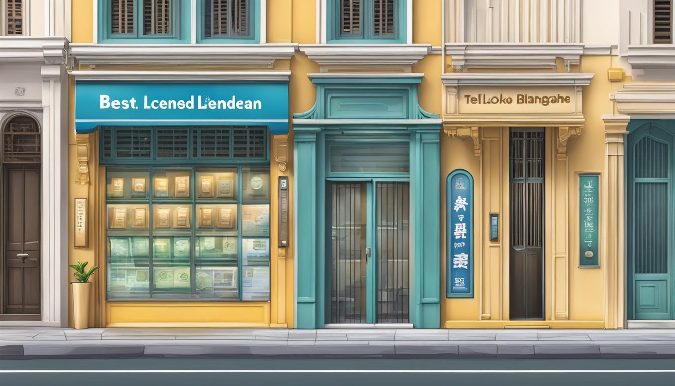 A storefront sign reads "Best Licensed Money Lender in Telok Blangah, Singapore." The building is clean and well-maintained, with a professional and trustworthy appearance