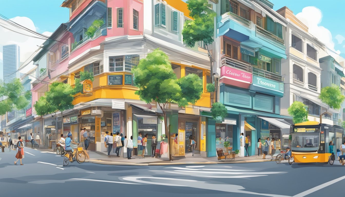 A bustling street in Telok Blangah, Singapore, with a prominent licensed money lender's storefront. Bright signage and a steady flow of customers