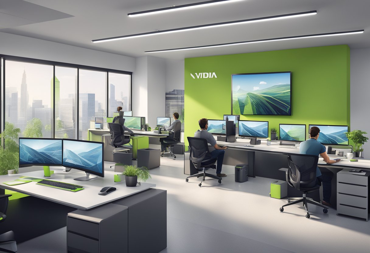 A sleek, modern office space with NVIDIA Corporation branding, computer monitors, and employees working at their desks