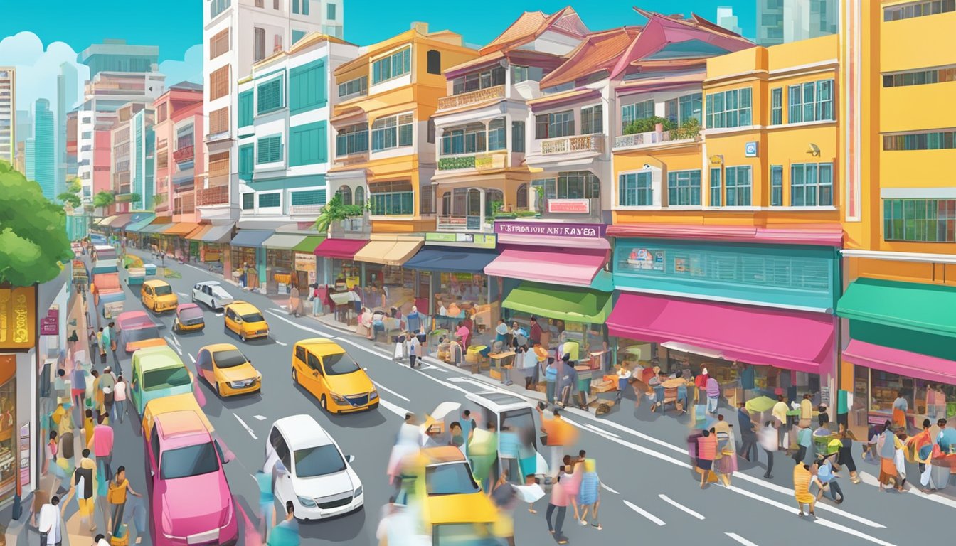A bustling street in Bras Basah, with a prominent sign for the best licensed money lender. Bright colors and busy foot traffic